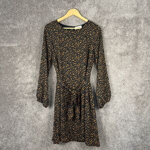 Kaileigh Dress Womens Large Blue Print Long Sleeve Scoop Neck Belted Polyester